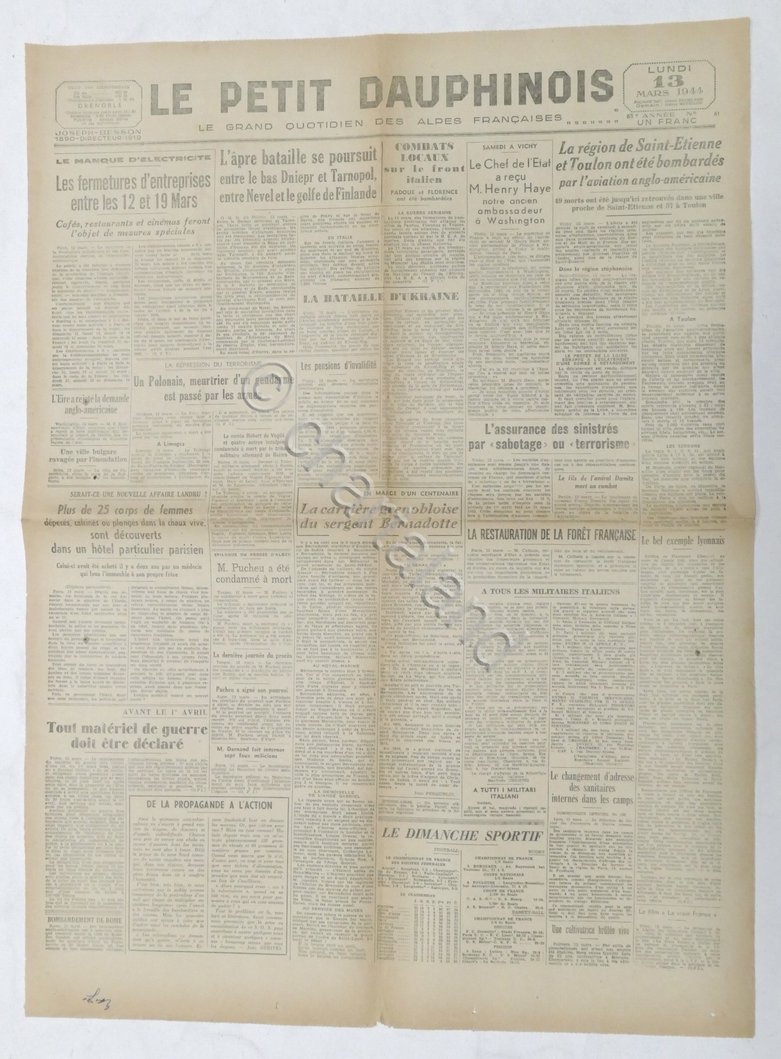 WWII Giornale - Le Petit Dauphinois N. 61 - 1944 …