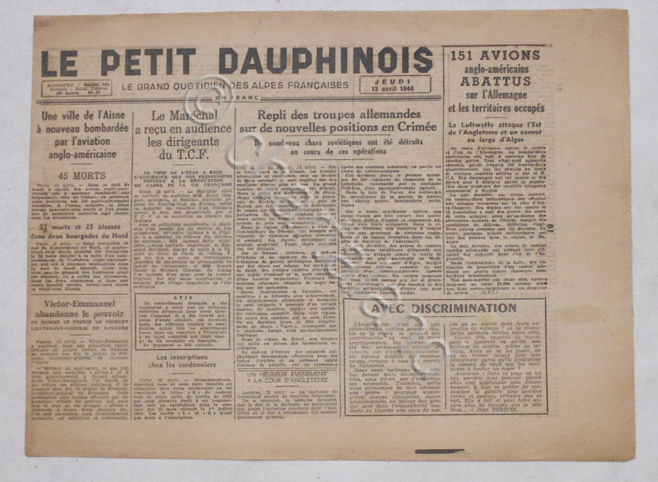 WWII Giornale - Le Petit Dauphinois N. 87 - 1944 …