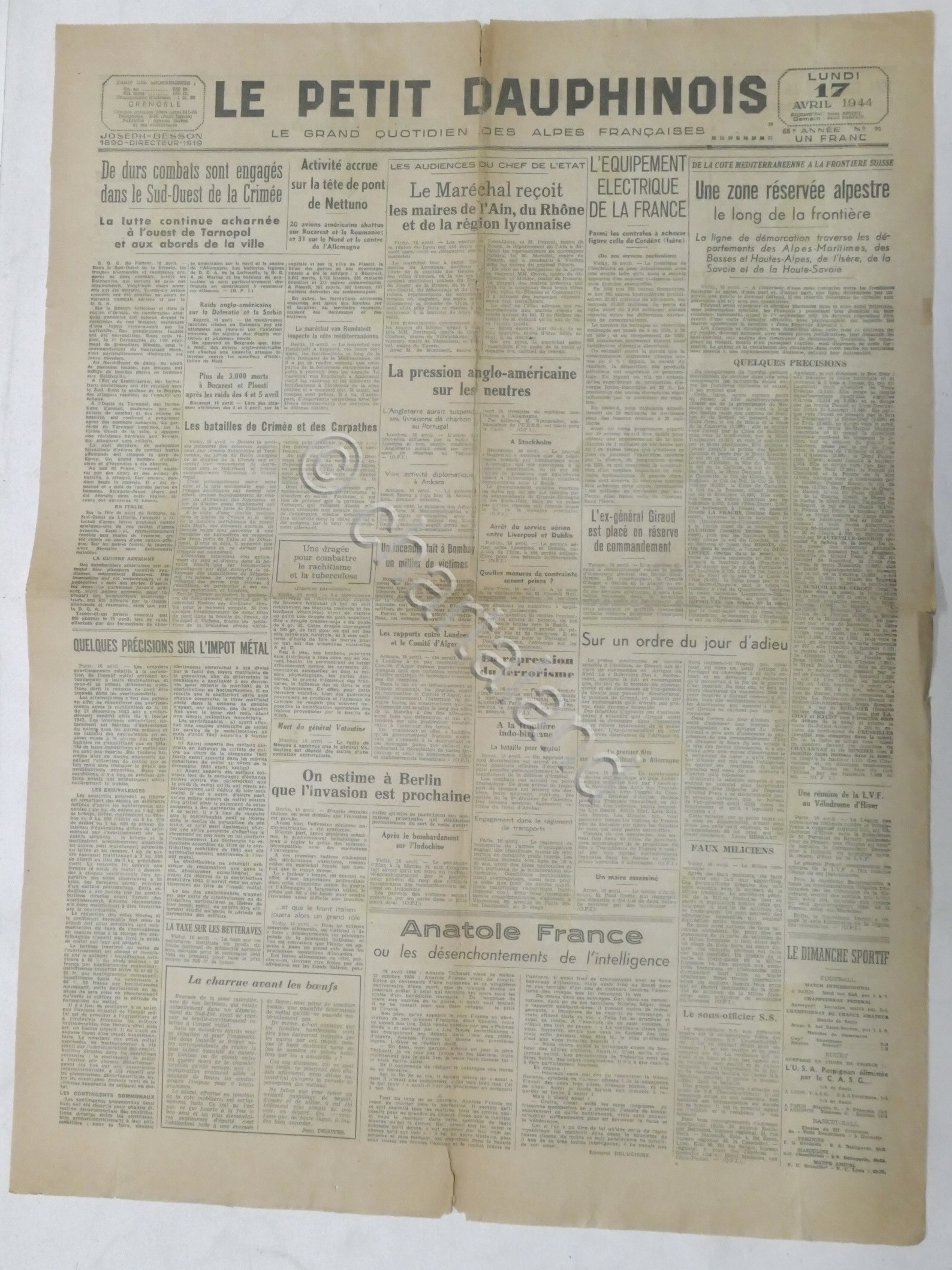 WWII Giornale - Le Petit Dauphinois N. 90 - 1944 …