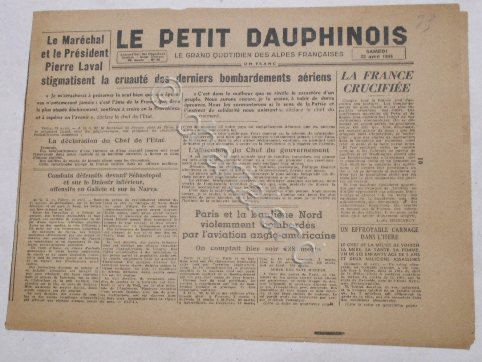 WWII Giornale - Le Petit Dauphinois N. 95 - 1944 …