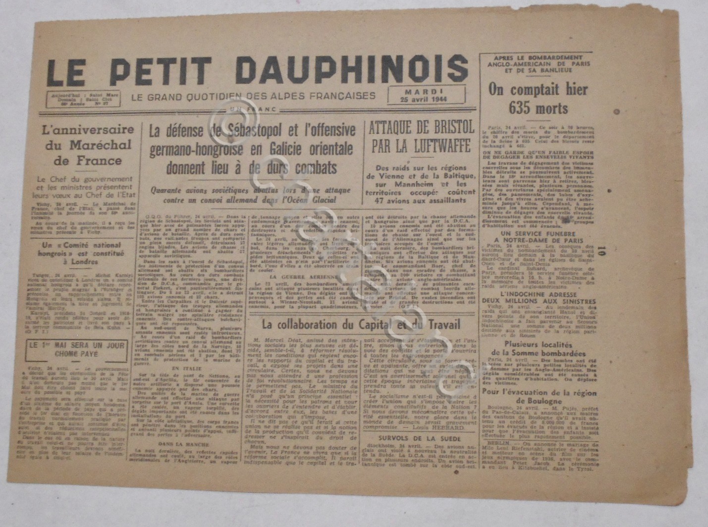 WWII Giornale - Le Petit Dauphinois N. 97 - 1944 …
