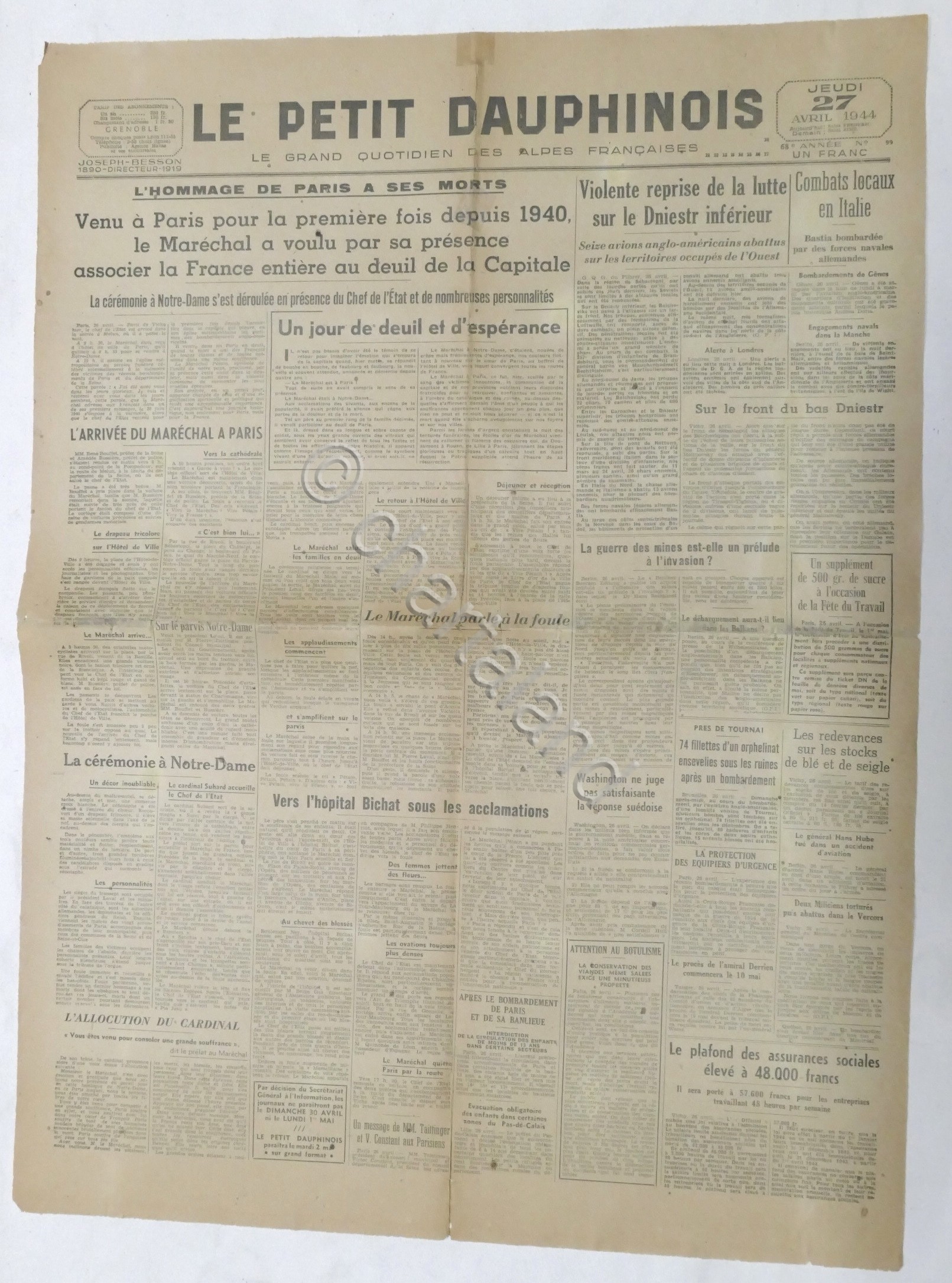WWII Giornale - Le Petit Dauphinois N. 99 - 1944 …