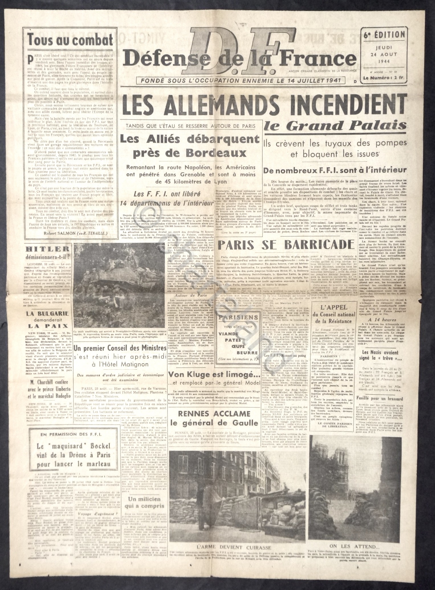 WWII Giornale Francia - D. F. Défense de la France …