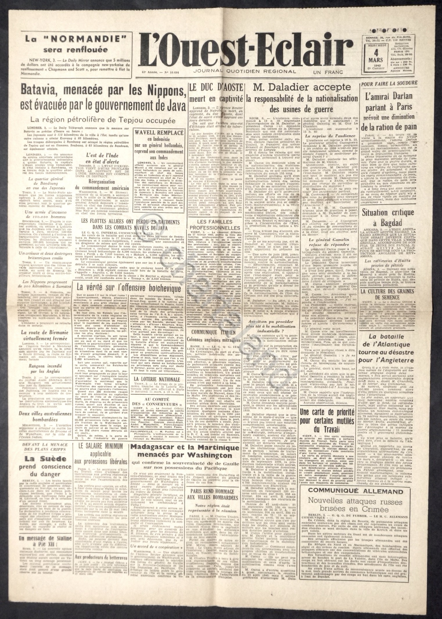 WWII Giornale Francia - L' Ouest-Eclair - N. 16484 - …