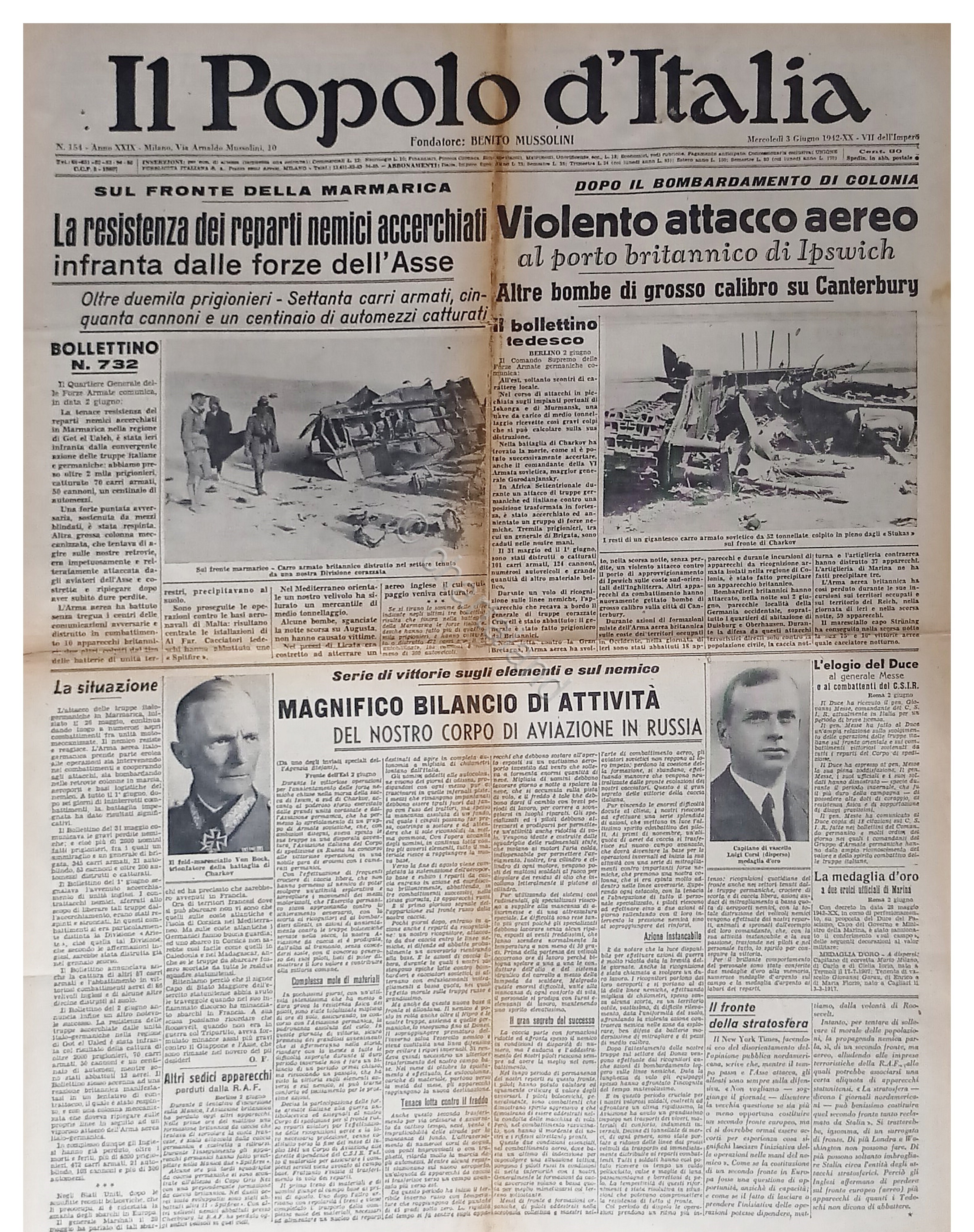 WWII Il Popolo d'Italia N. 154 - 1942 Violento attacco …