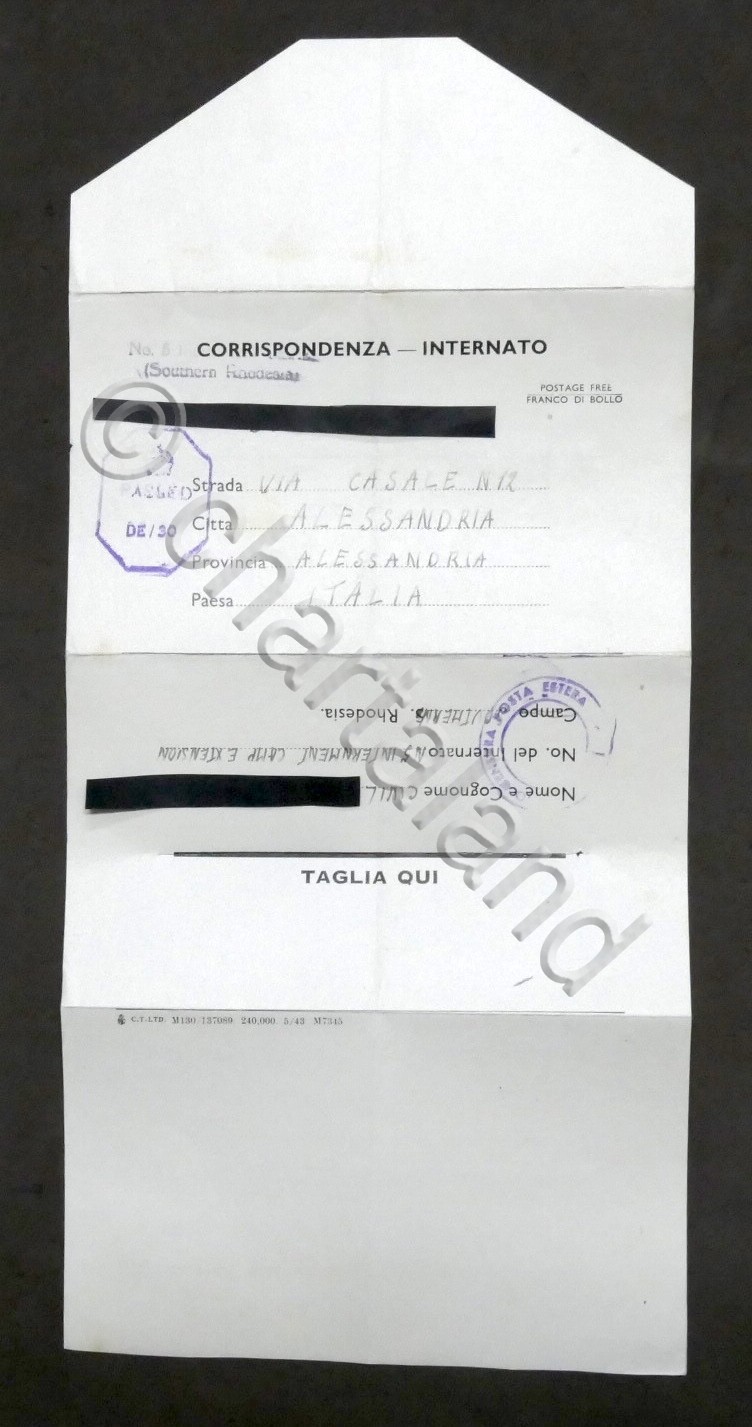 WWII Lettera internato italiano Campo concentramento N. 5 Sud Rhodesia …