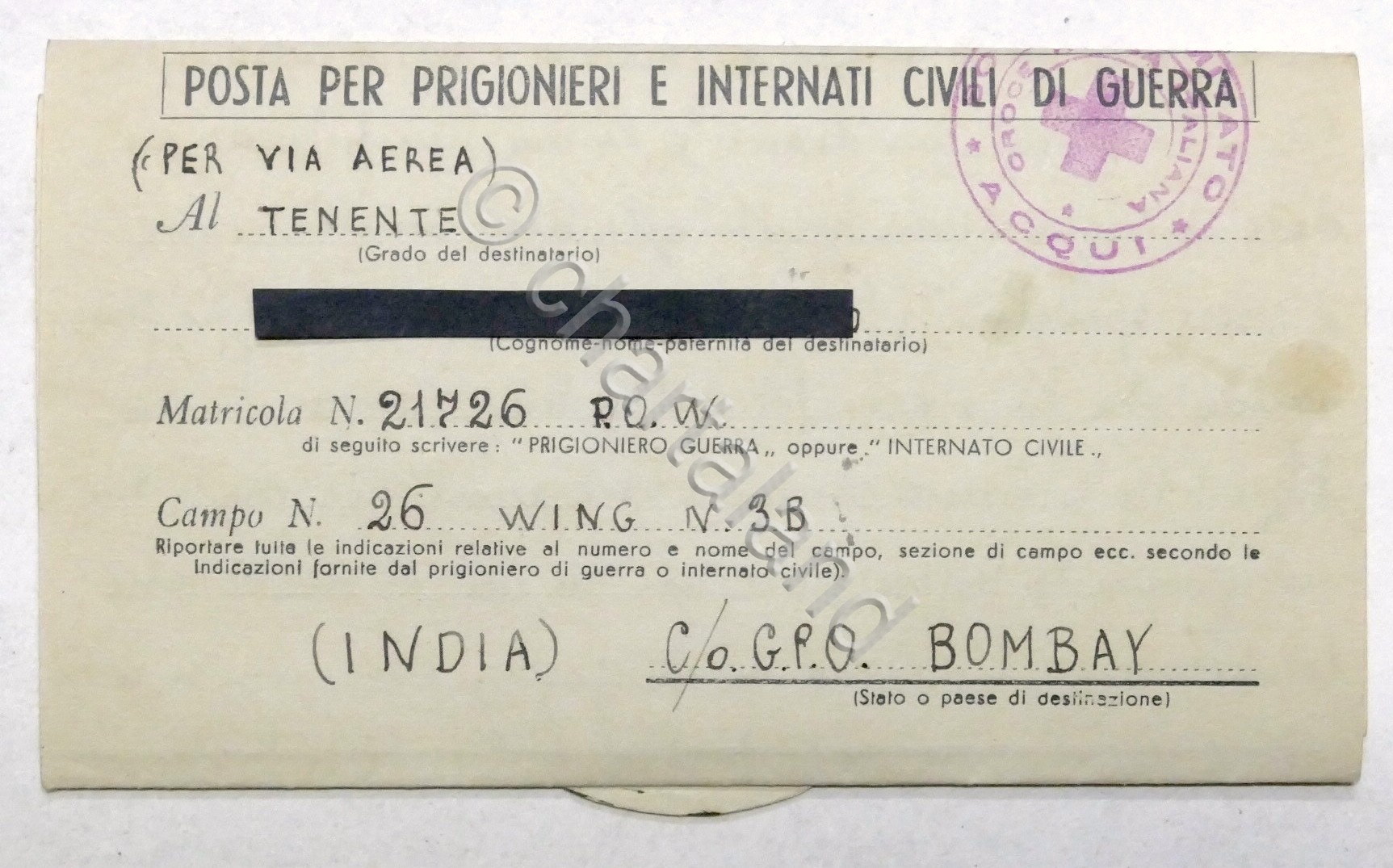 WWII Lettera per Prigioniero di Guerra italiano - Campo N. …