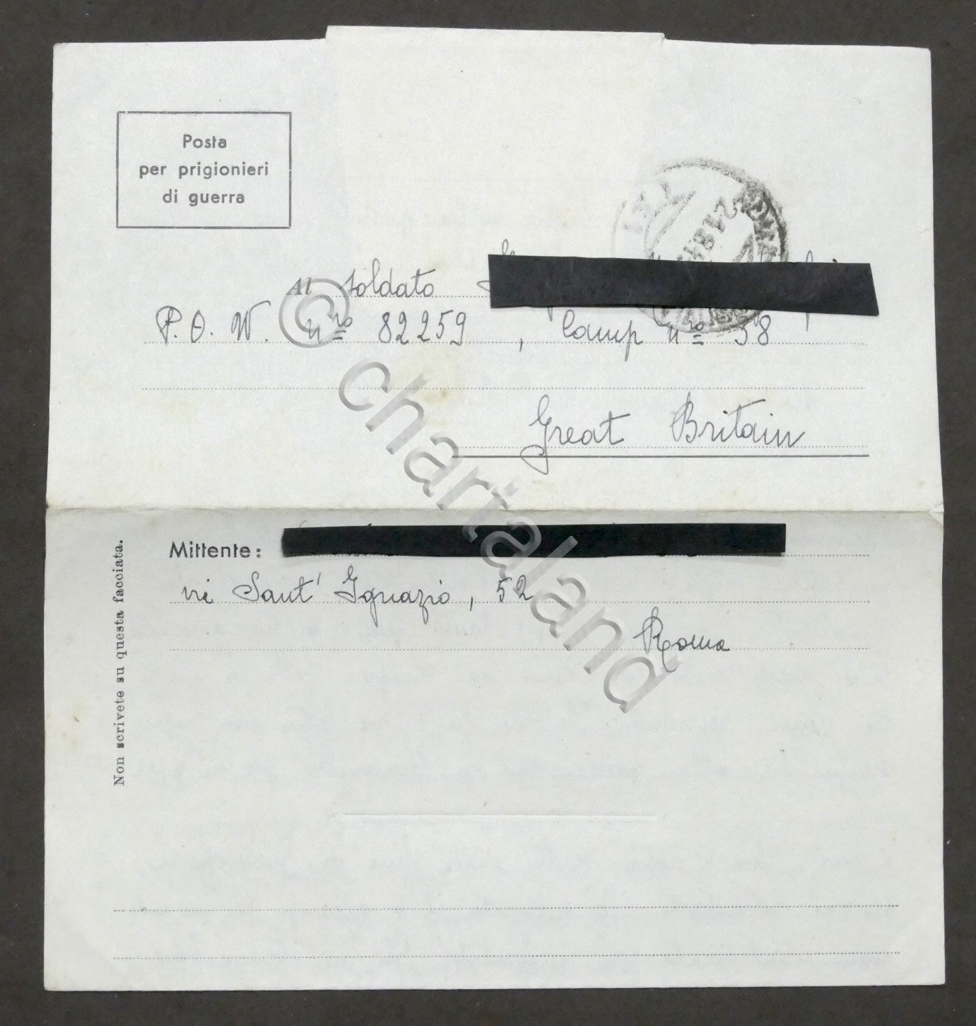 WWII Lettera per prigioniero italiano Campo N. 38 Gran Bretagna …