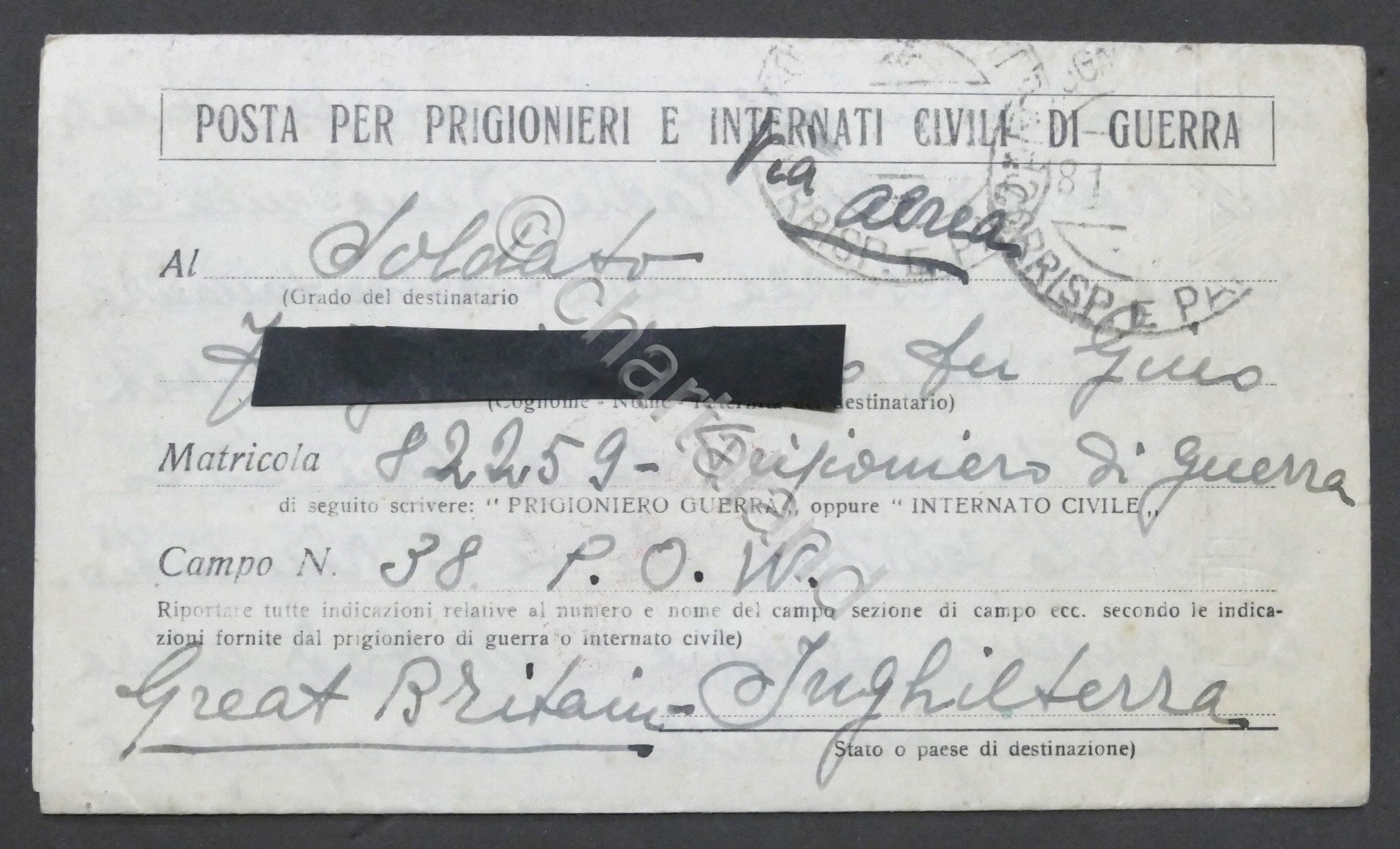 WWII Lettera per prigioniero italiano Campo N. 38 Gran Bretagna …
