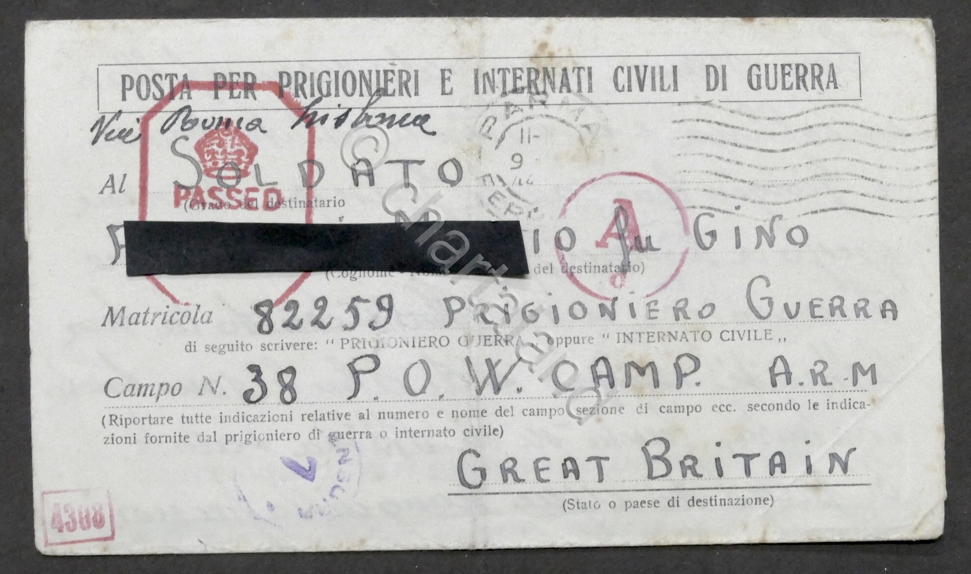 WWII Lettera per prigioniero italiano Campo N. 38 Gran Bretagna …