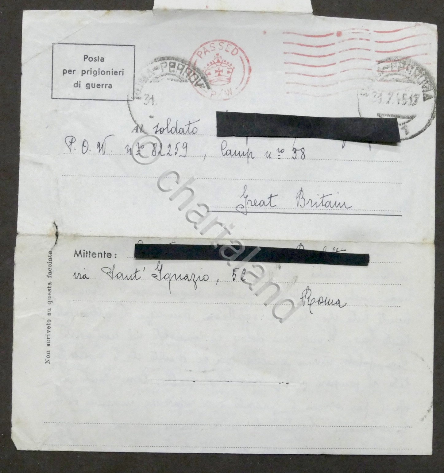 WWII Lettera per prigioniero italiano Campo N. 38 Gran Bretagna …