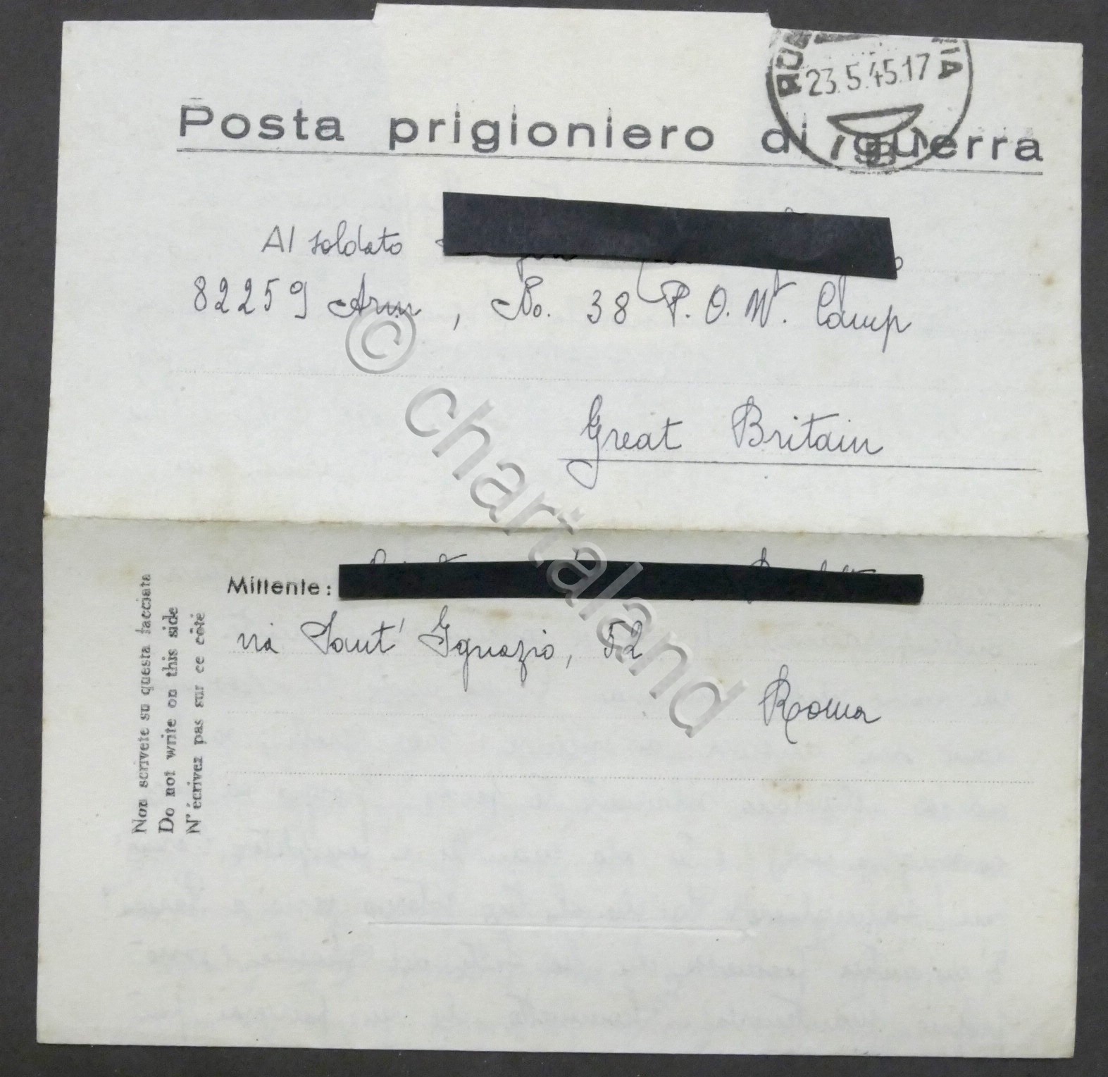 WWII Lettera per prigioniero italiano Campo N. 38 Gran Bretagna …