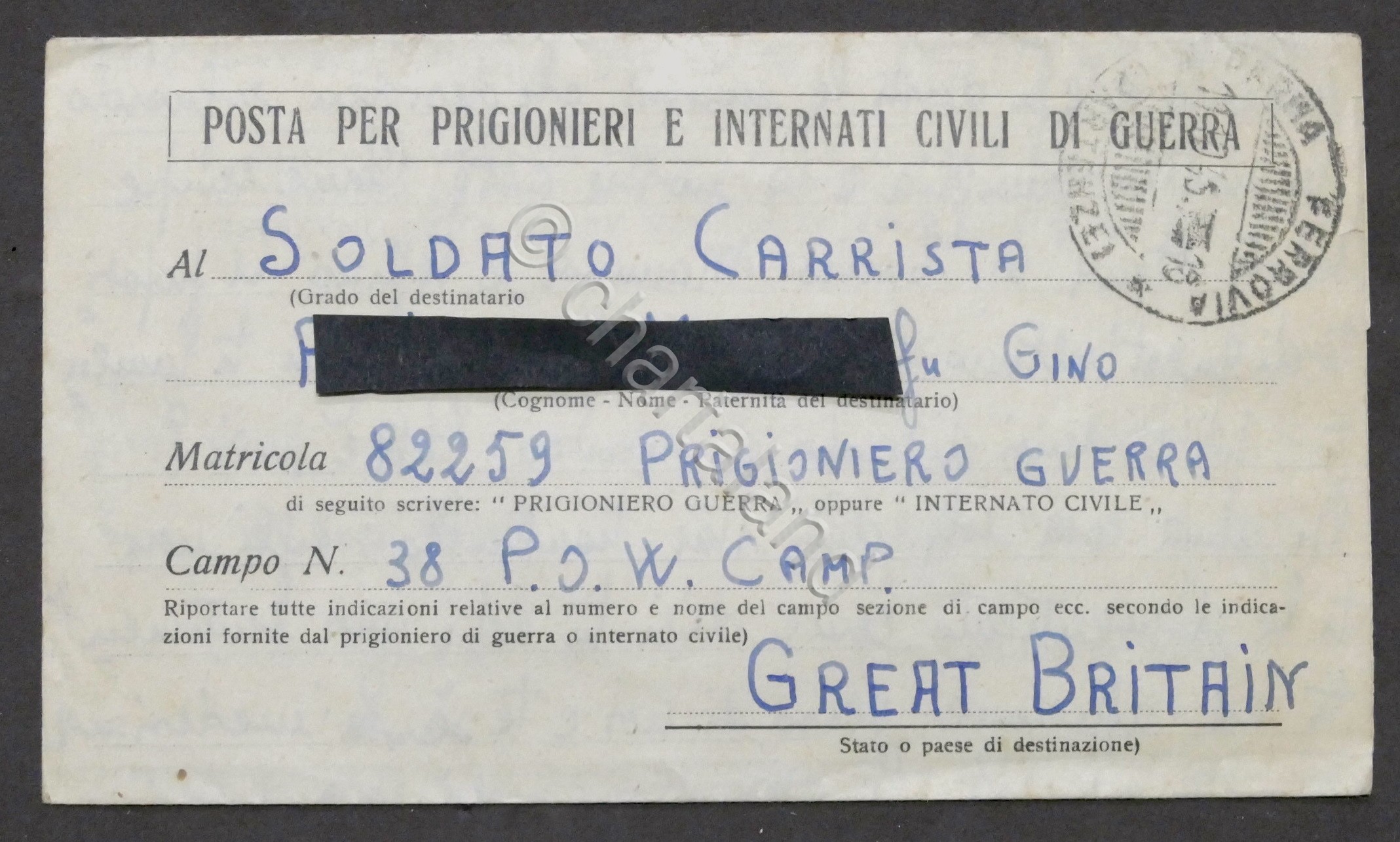 WWII Lettera per prigioniero italiano Campo N. 38 Gran Bretagna …