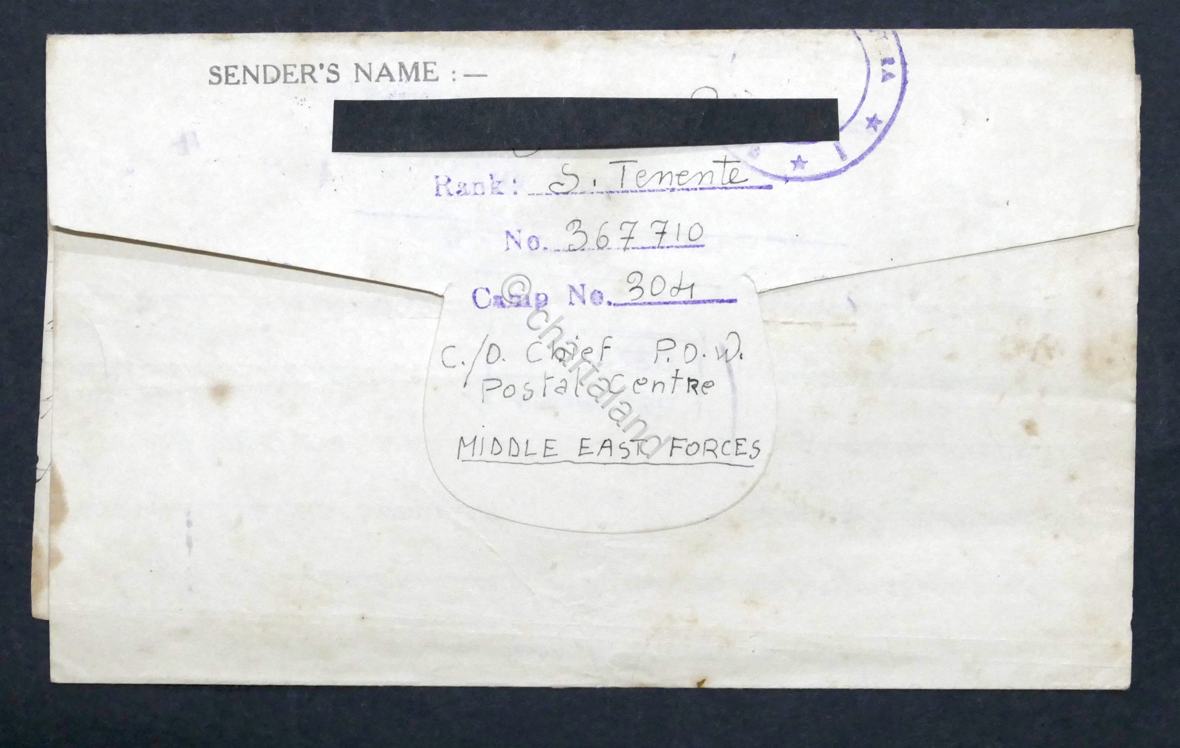 WWII Lettera Prigioniero di Guerra italiano Campo 304 Middle East …