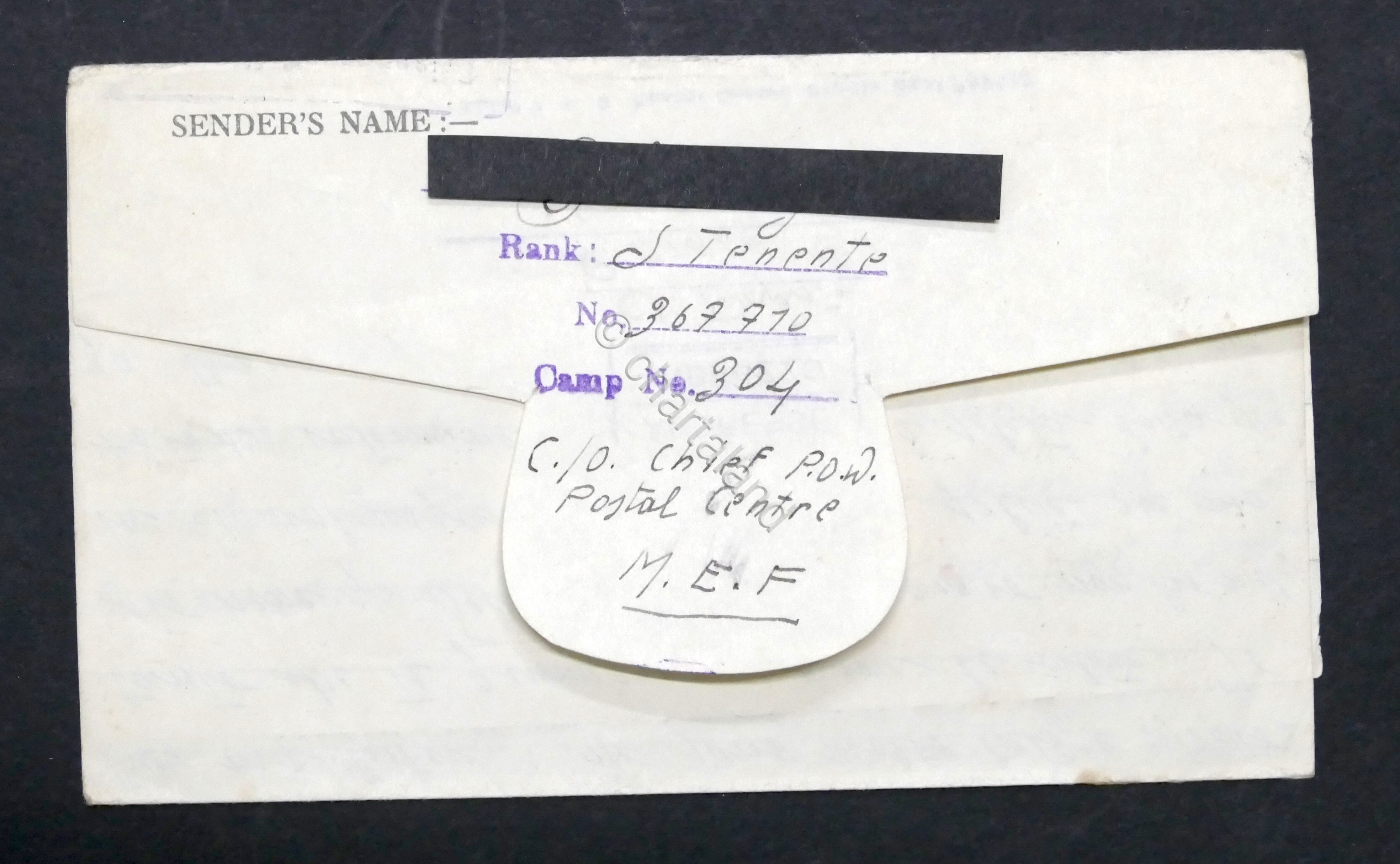 WWII Lettera Prigioniero di Guerra italiano Campo 304 Middle East …