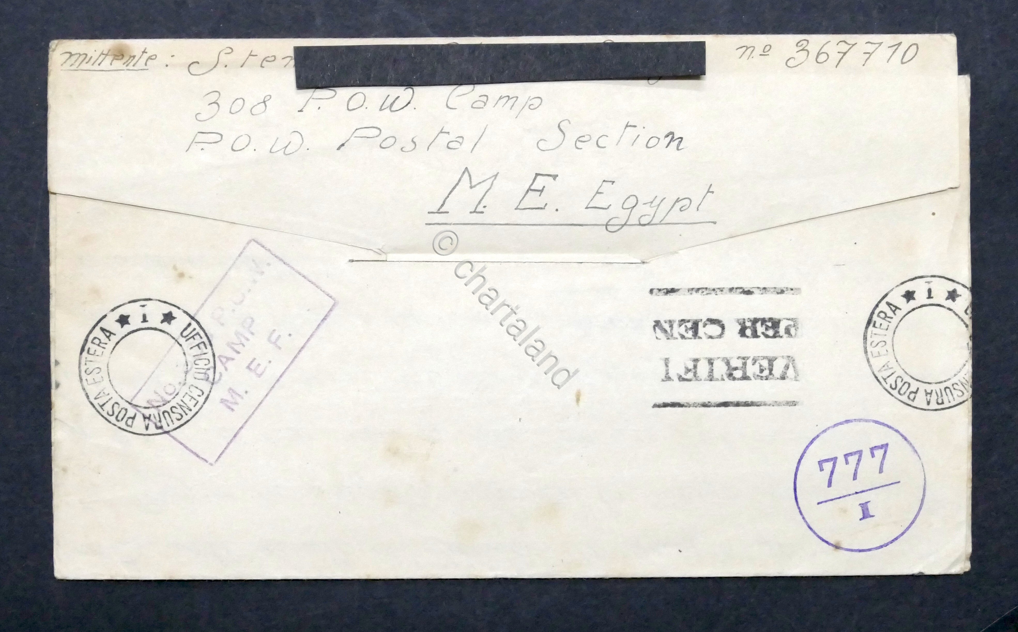 WWII Lettera Prigioniero di Guerra italiano Campo 308 Middle East …