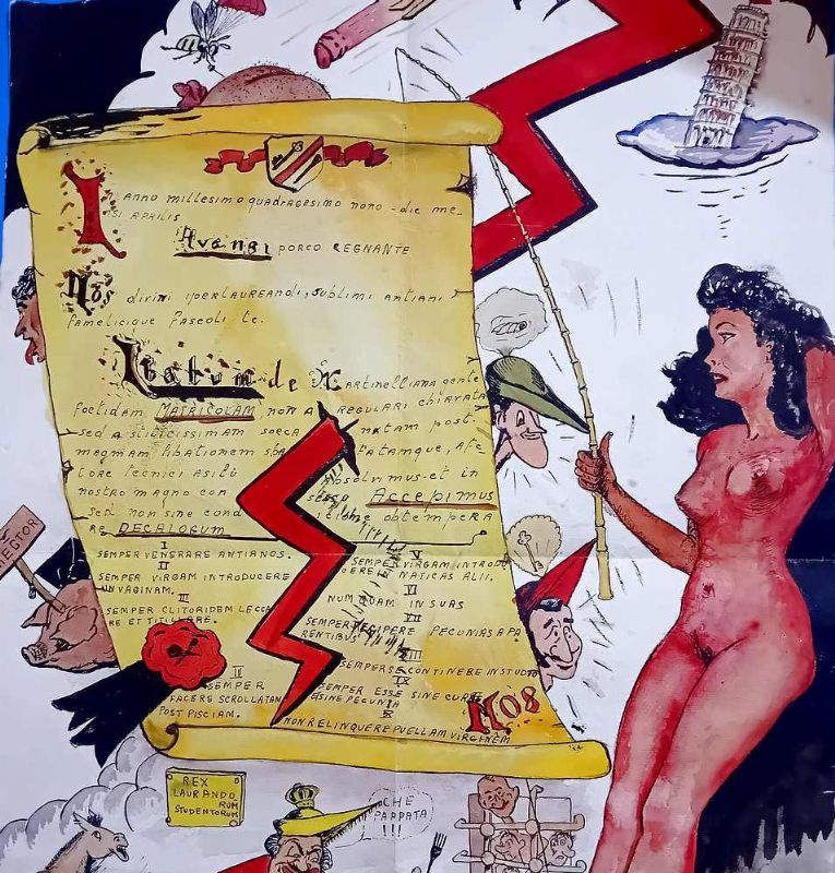 Allegoria goliardica universitaria con varie scene e decalogo, tra le …