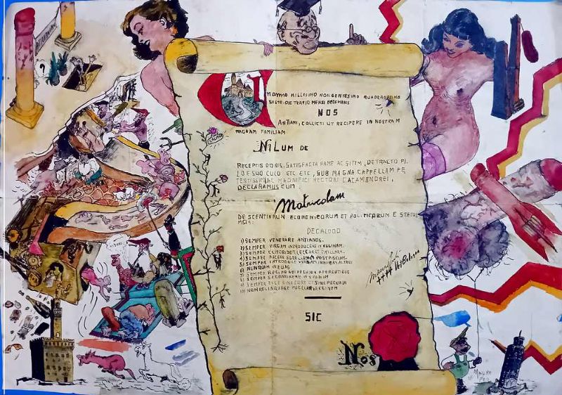 Allegoria goliardica universitaria con varie scene e decalogo, tra le …
