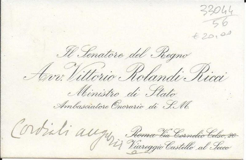Biglietto da visita intestato con autografo e saluti 5-4-39-XVII.