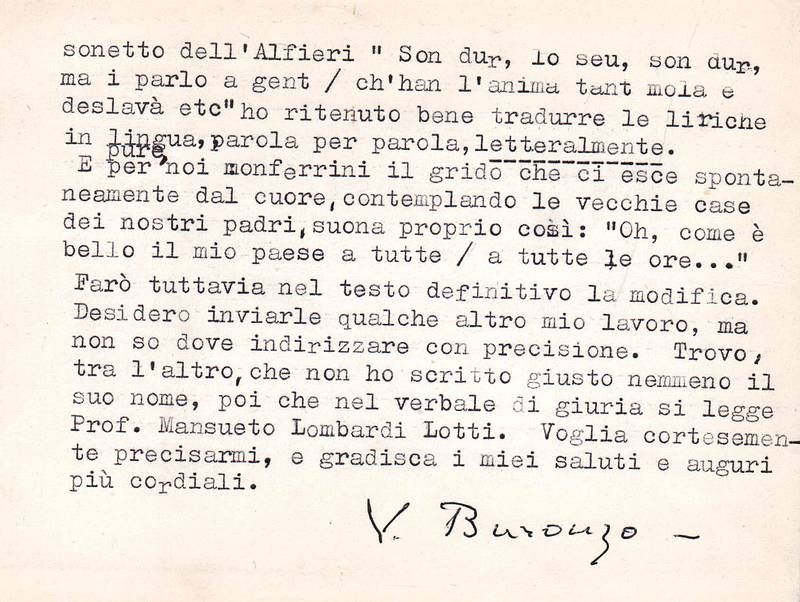 Biglietto dattiloscritto con firma autografa, inviato al critico letterario Mansueto …