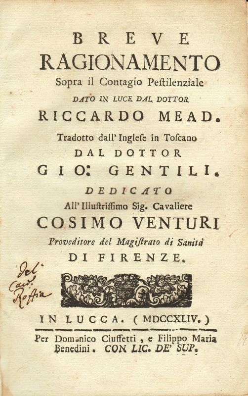 Breve ragionamento sopra il Contagio Pestilenziale, tradotto dall'Inglese in Toscano …
