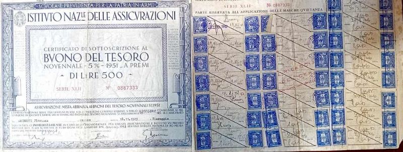 Buono del Tesoro novennale - 5% -1951 - Lire 500.