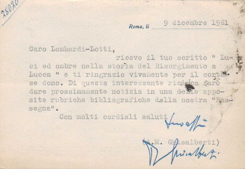 Cartolina dattiloscritta firmata.