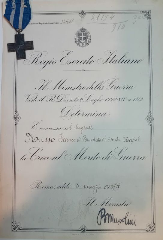 Concessione per la Croce al Merito di Guerra.