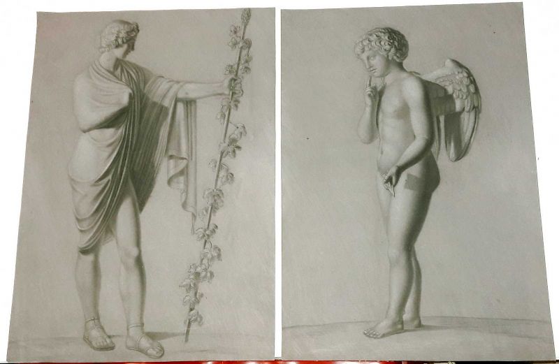 Coppia di disegni eseguiti a carboncino su carta spessa color …