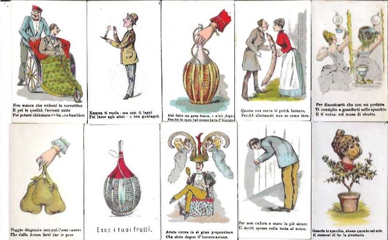 Curiose figurine illustrate a colori a sfondo satirico-proverbiale, com motto …