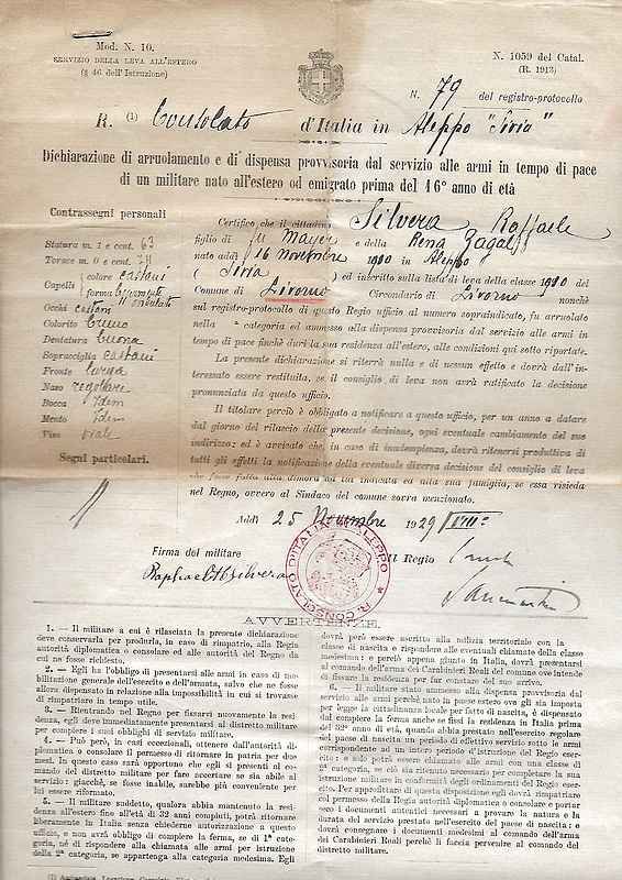 Dichiarazione di arruolamento e dispensa provvisoria dal servizio alle armi …