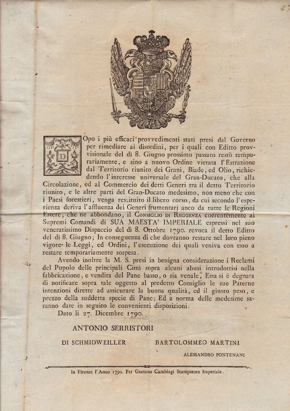 Divieto di estrazione dei Grani, Biade, ed Olio (.) Abusi …