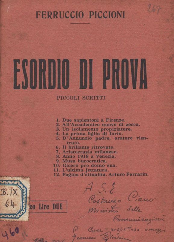 Esordio di prova. Piccoli scritti. 1. Due sapientoni a Firenze …