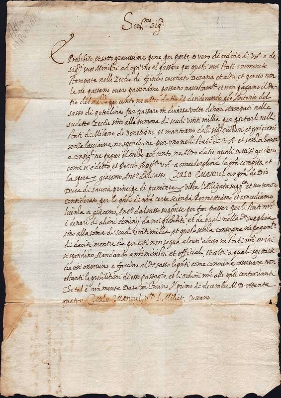 Foglio in carta vergellata, scritto e firmato su una facciata.