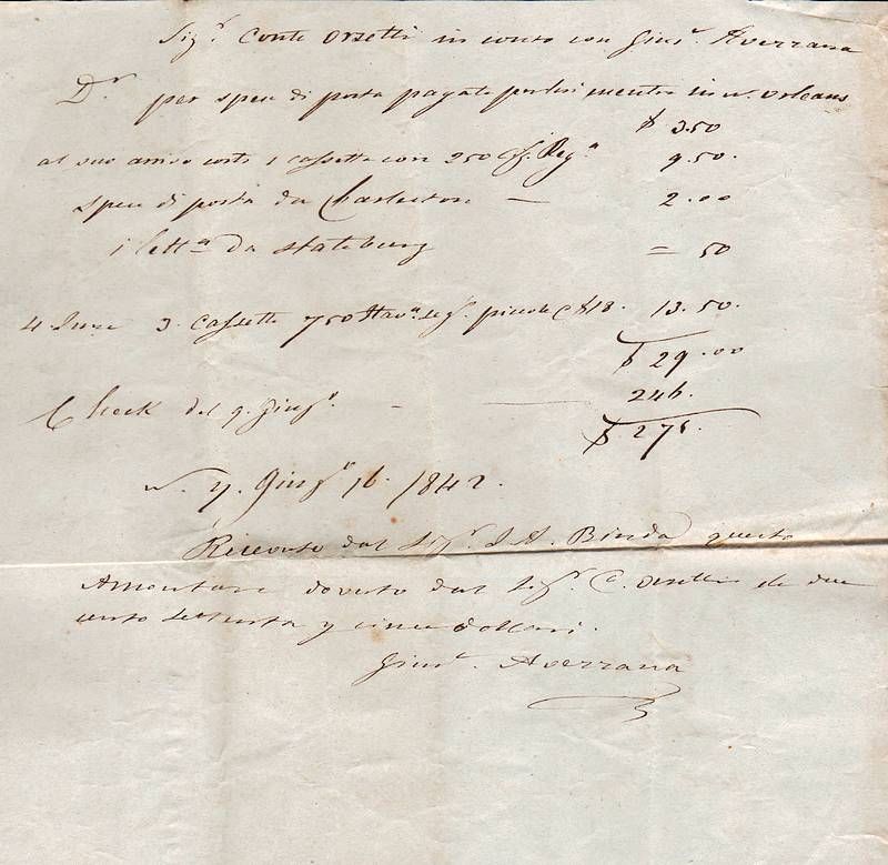 Foglio, ricevuta con conteggi per riscossione, autografo firmato.