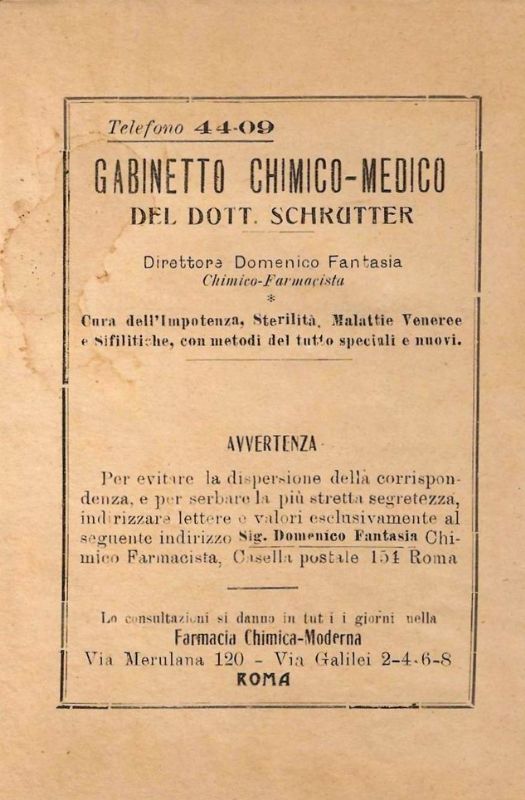 Gabinetto Chimico-Medico. Cura dell'Impotenza, Sterilità, Malattie veneree e sifilitiche, con …