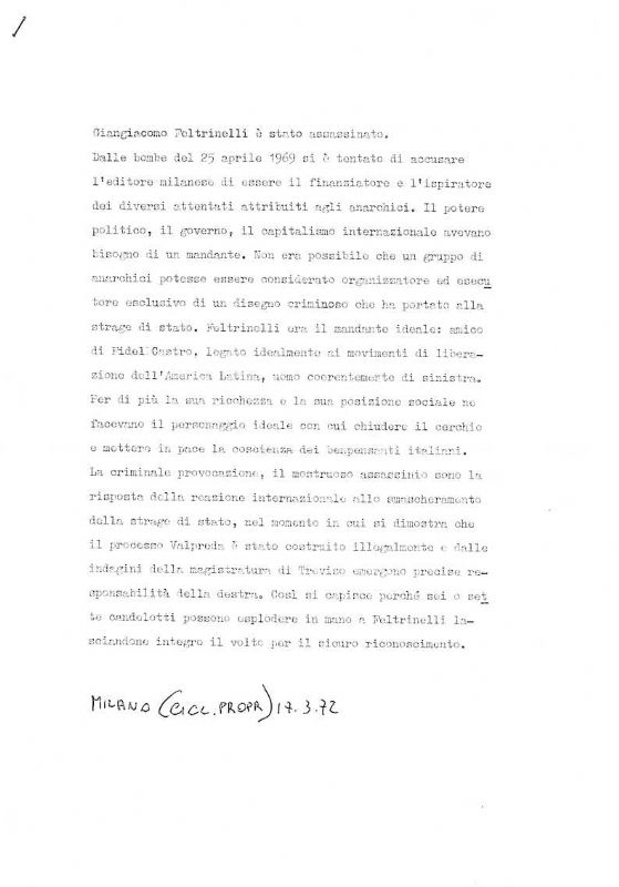 Giacomo Feltrinelli è stato assassinato.