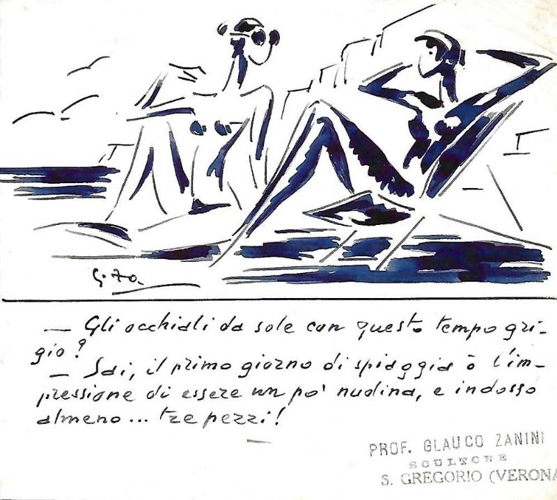 Grazioso disegno di ragazze in spiaggia, seguono alcune righe autografe …
