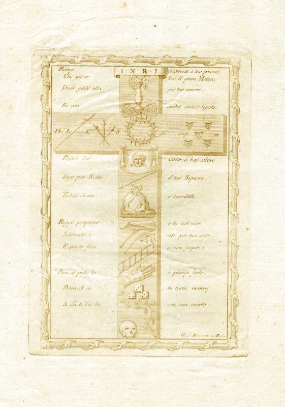 Incisione in rame a leggero inchiostro seppia. Raffigurazione della crocifissione.