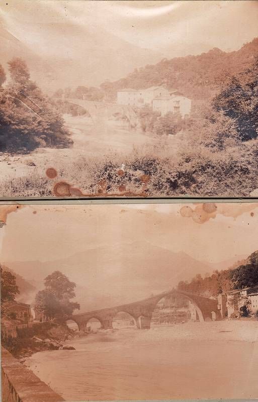 Insieme di 2 fotografie. Vedute del ponte prima della ferrovia. …