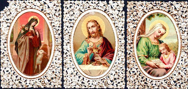 Insieme di tre Santini. Madonna con bambino. - Gesù eucaristico. …