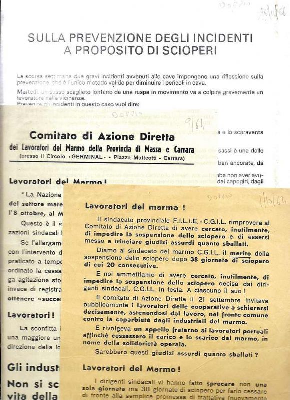 Insieme di tre volantini riguardanti i cavatori del marmo.
