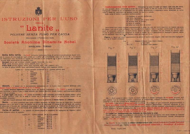Istruzioni per l'uso della 'Laninte', polvere senza fumo per caccia.