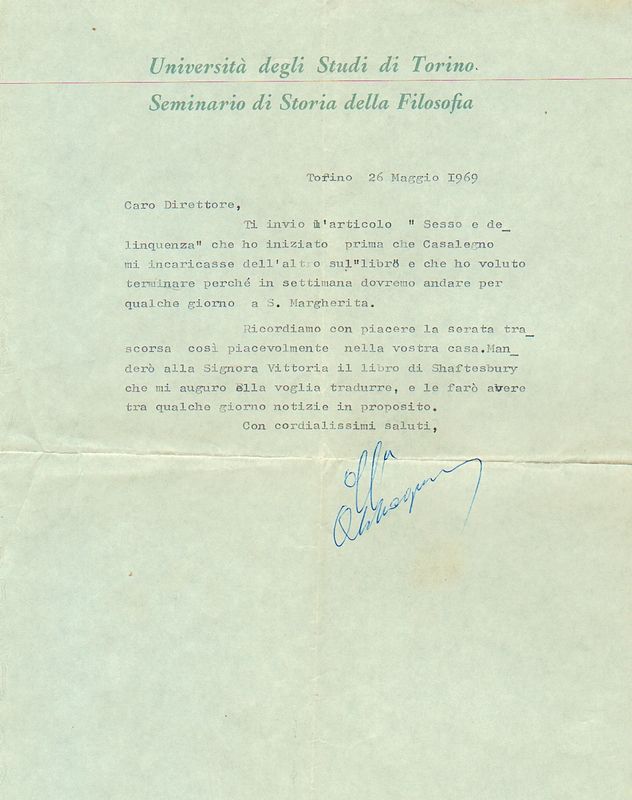 Letera dattiloscritta con firma autografa.