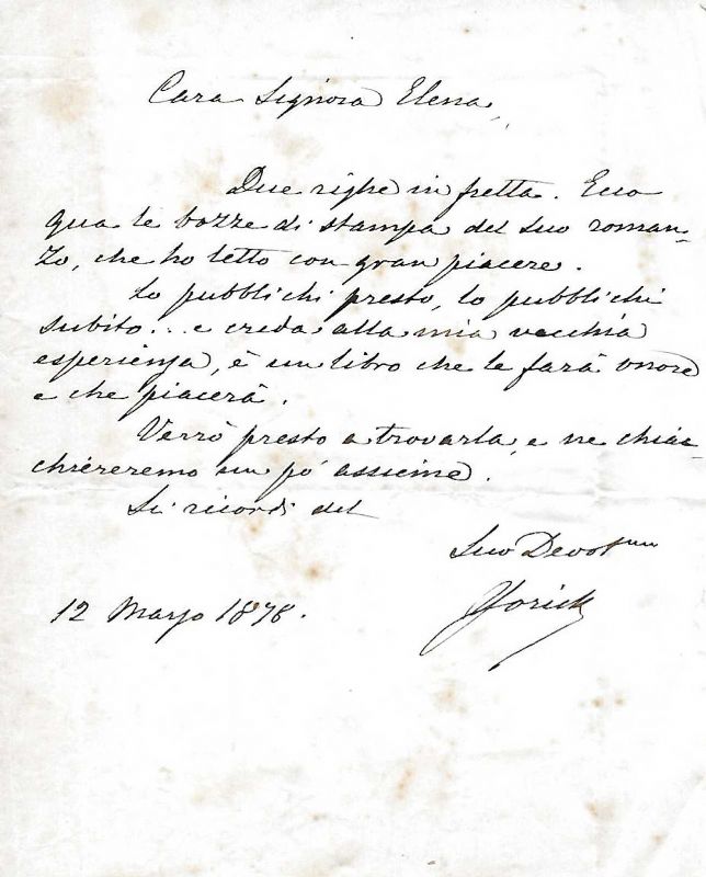 Lettera autografa firmata. 12 Marzo 1878.