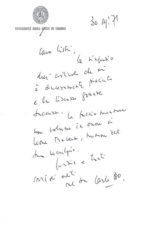 Lettera autografa firmata inviata a Listri (Pier Francesco), dove si …
