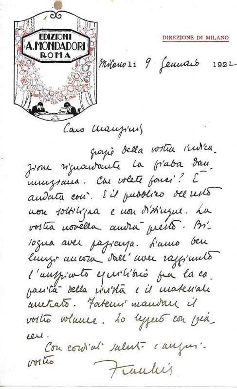Lettera autografa firmata su carta intestata 'Edizioni Mondadori Roma'.