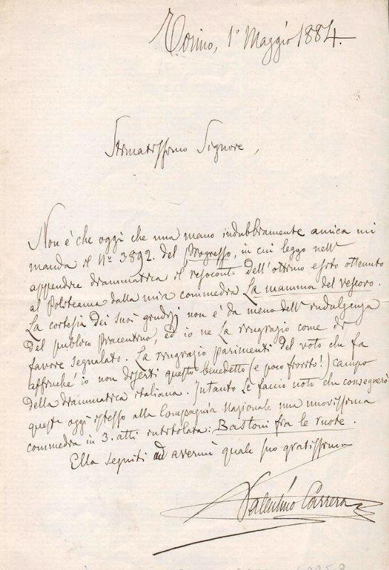 Lettera autografa firmata. Una facciata dove si parla delle sue …