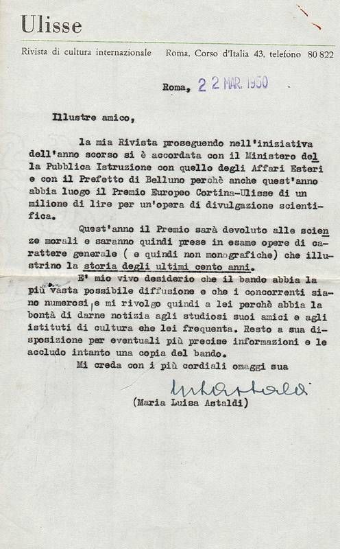 Lettera dattiloscritta con firma autografa.