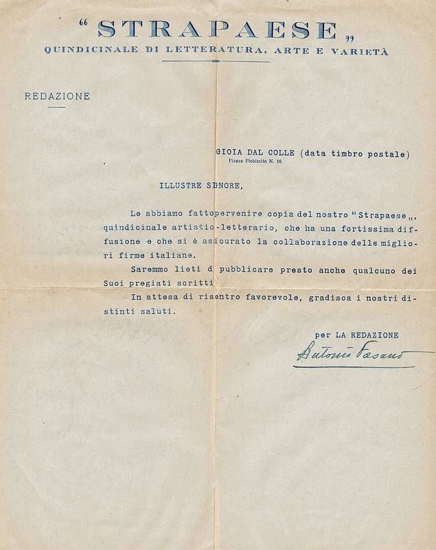 Lettera dattiloscritta con firma autografa.